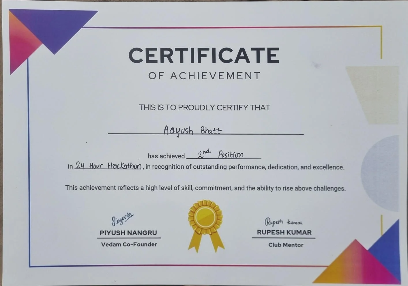 Aayush Bhatt InnoVedam Hackathon Winner Certificate